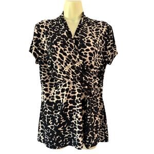 DKNY Animal Print Faux Wrap V-Neck Blouse Ruched Short Sleeve Top Size Large